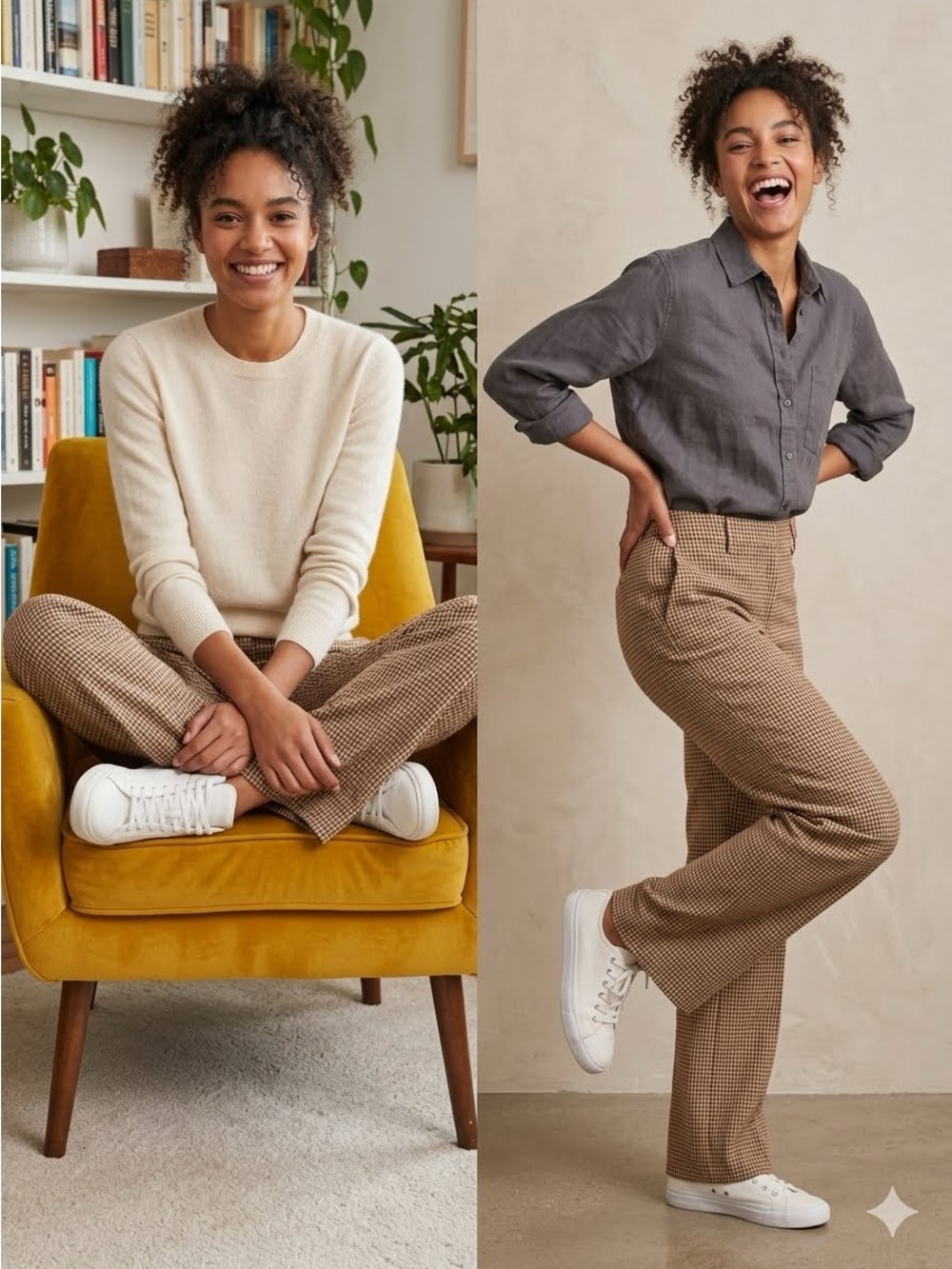 NWT Worthington Brown Ivory Houndstooth Straight Leg Trousers, Size 10